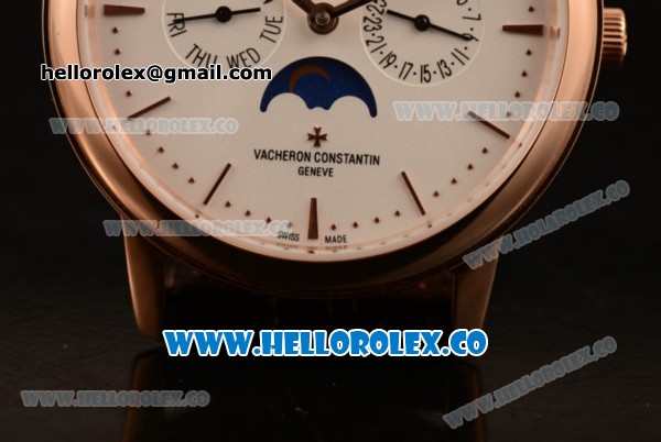 Vacheron Constantin Patrimony Perpetual Calendar Clone Original Automatic Rose Gold Case with White Dial and Black Leather Strap - (AAAF) - Click Image to Close
